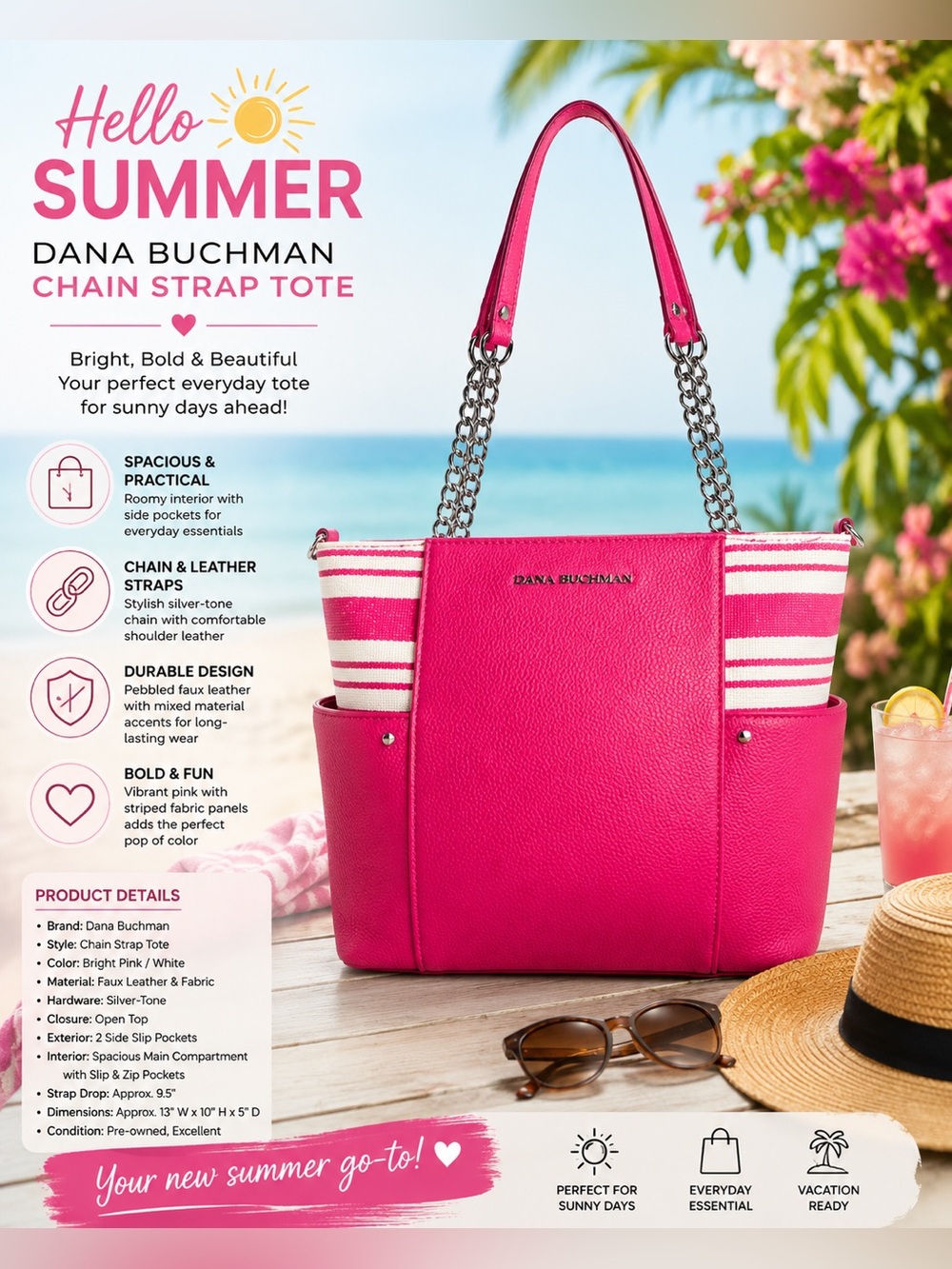Dana Buchman Bright Pink Chain Strap Tote Bag